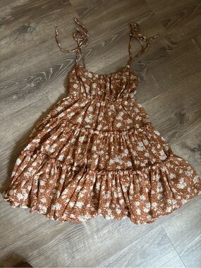 Rust Brown Floral Tiered Sundress with Tie Straps